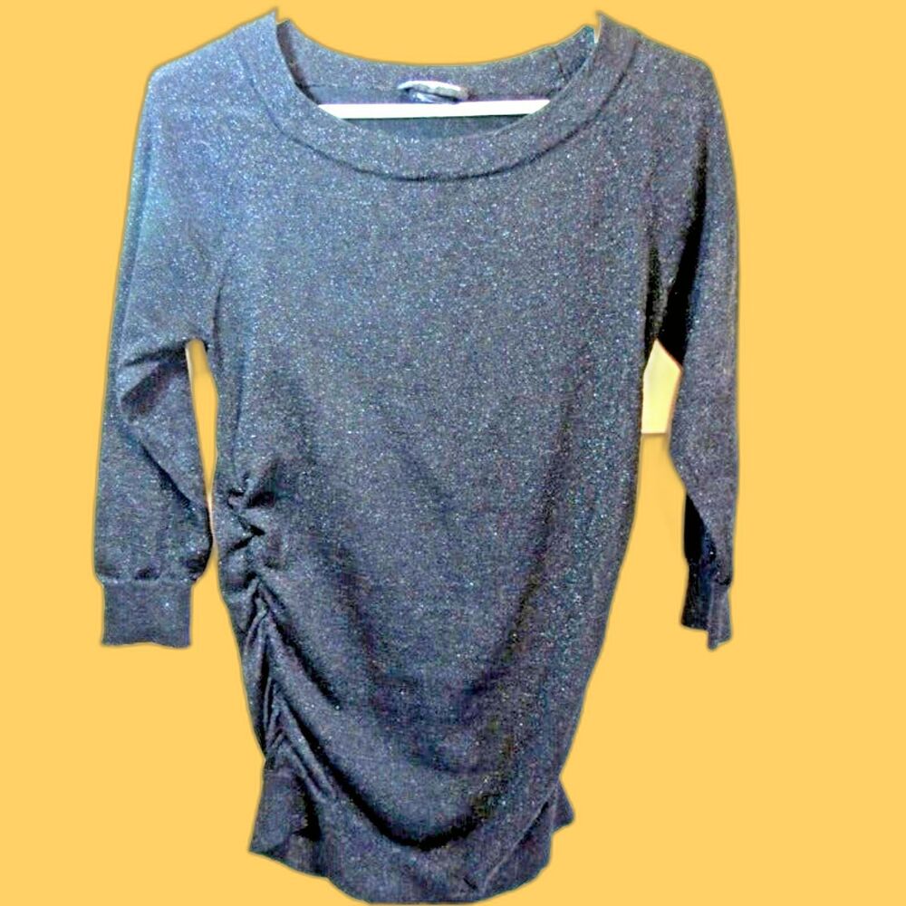Womens Cinched Blouse Large Sparkle Black Dressy Pullover Long Sleeve